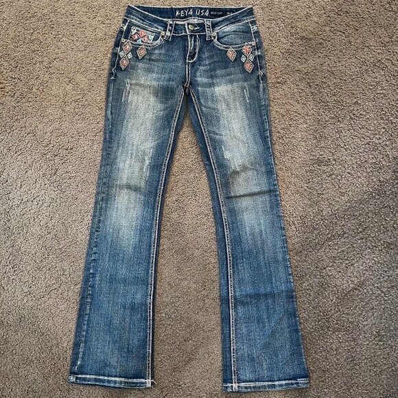 KEYA JEANS Pink Diamond Boot Cut 90's Blue Denim Jeans - Size 28=5  EUC - Picture 1 of 11
